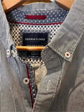 Denim & Flower Navy and White Striped Button-Down Shirt with Red Accents
